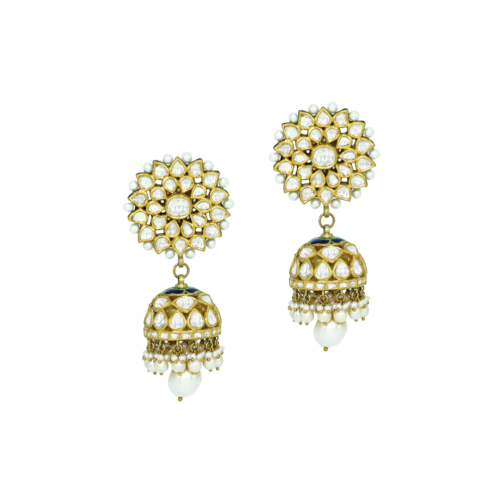 Floral Polki Jhumkas with Pearl Tassels and Dome Design
